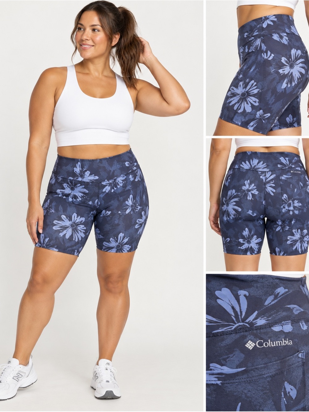 Columbia Trek 1/2 Tight Shorts Womens 2X Blue Floral 10” Inseam Omni-Shade NWT
